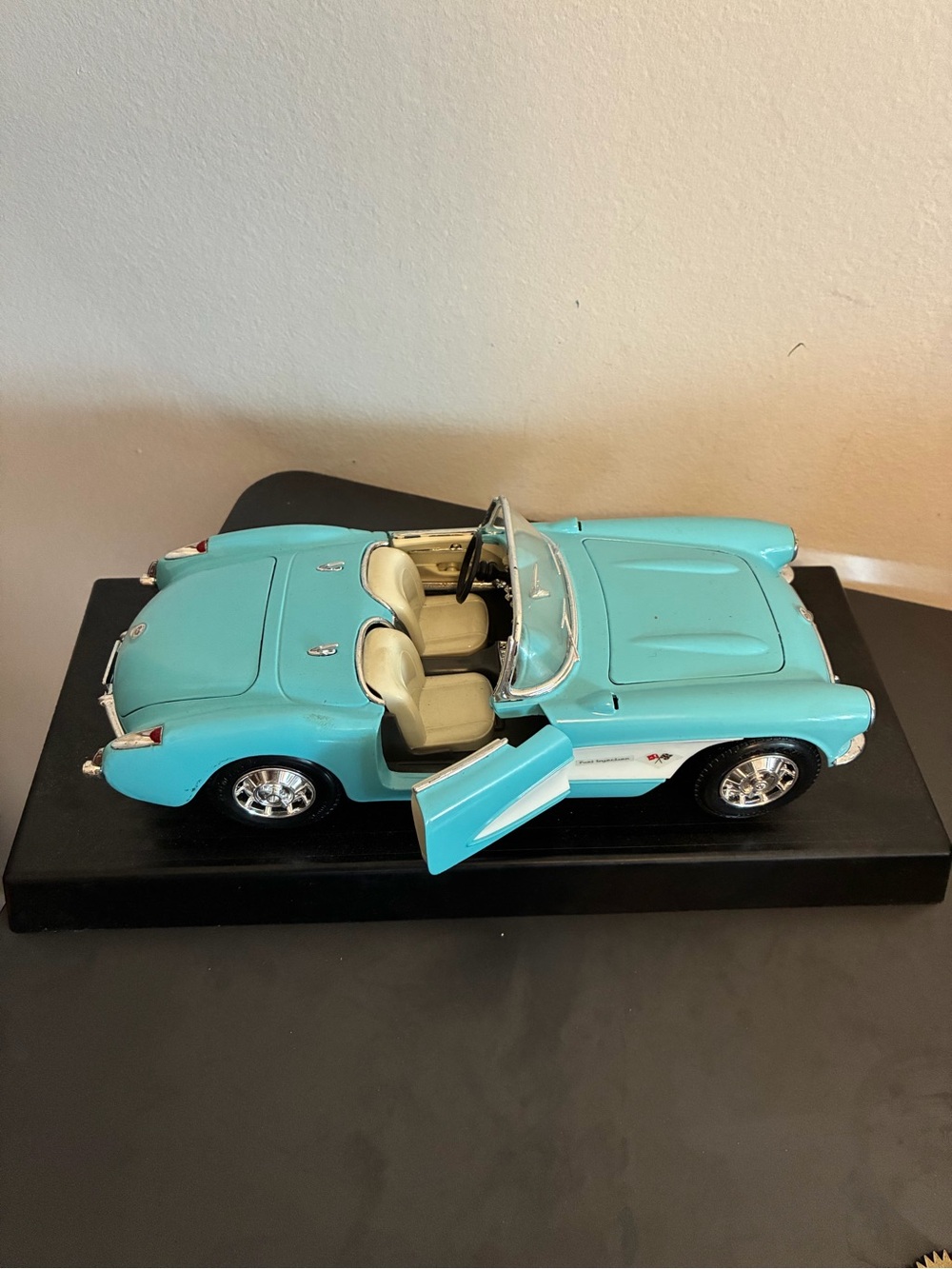 1957 Chevrolet Corvette Diecast Model Car Light Blue 1:18 Scale Display Base